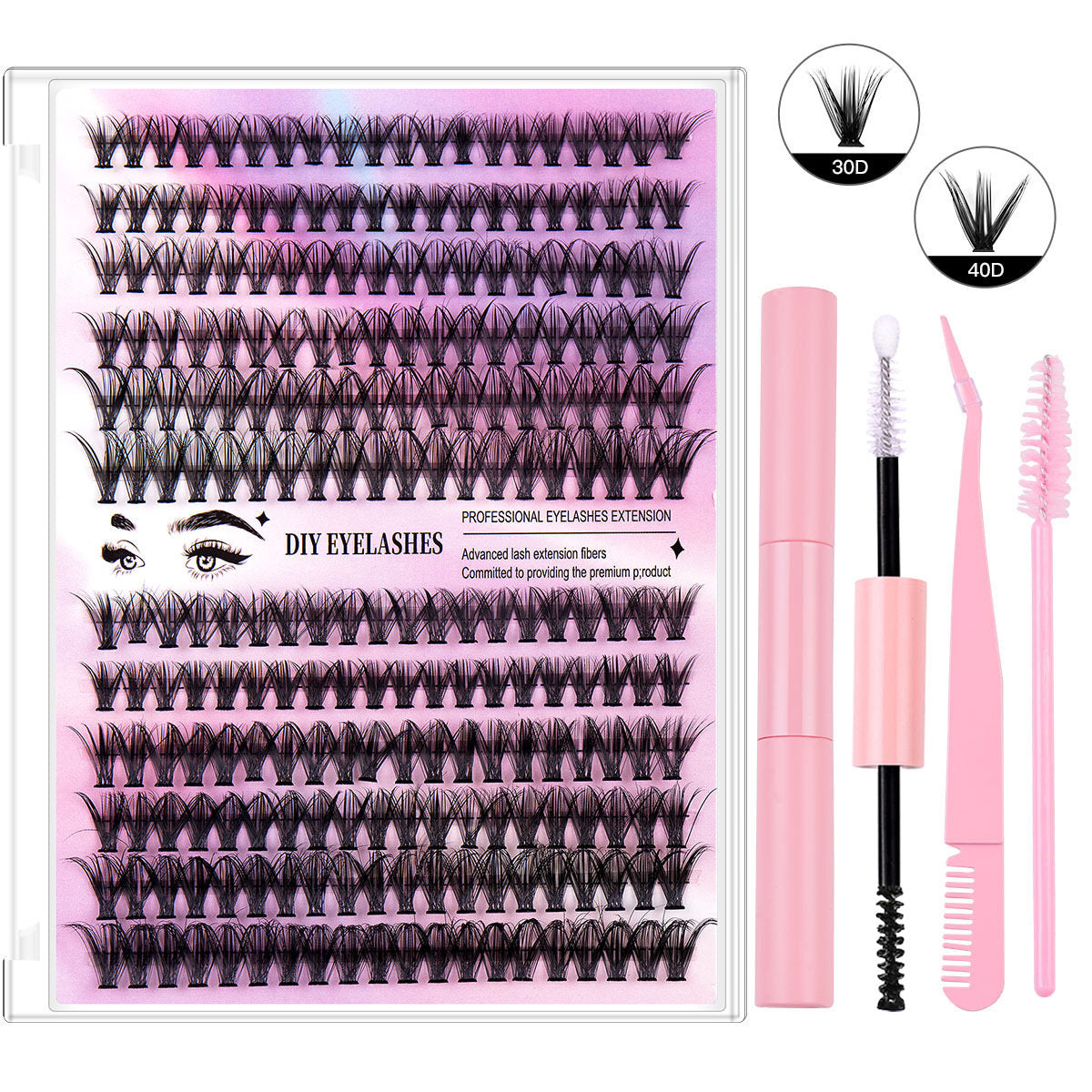 DIY Cluster Lash Extension Kit – D Curl Individual Lashes with Adhesive & Tools