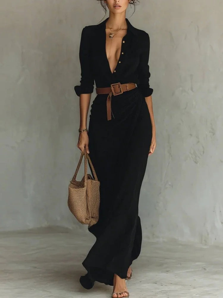 Asymmetric Midi Dress with Belt – Elegant Long-Sleeve Shirt Dress for Women
