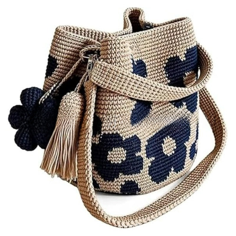 Handmade Crochet Cylinder Bag – Boho Floral Tote with Optional Flower Tassels