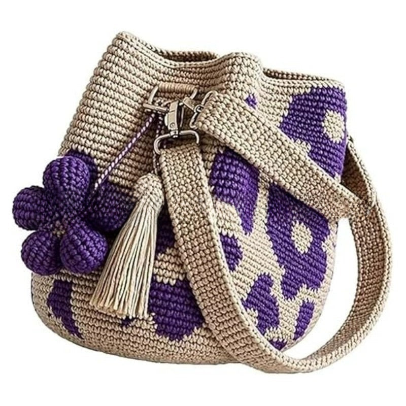 Handmade Crochet Cylinder Bag – Boho Floral Tote with Optional Flower Tassels