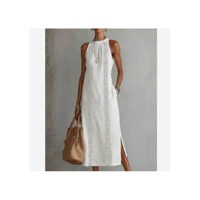 Lace-Detail A-Line Midi Dress – Sleeveless Cotton-Linen Women's Dress