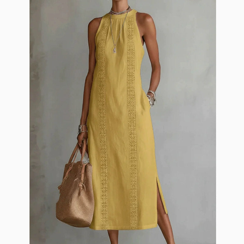 Lace-Detail A-Line Midi Dress – Sleeveless Cotton-Linen Women's Dress