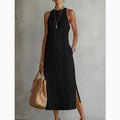 Lace-Detail A-Line Midi Dress – Sleeveless Cotton-Linen Women's Dress