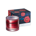 Red cream jar with floral design packaging on a white background

